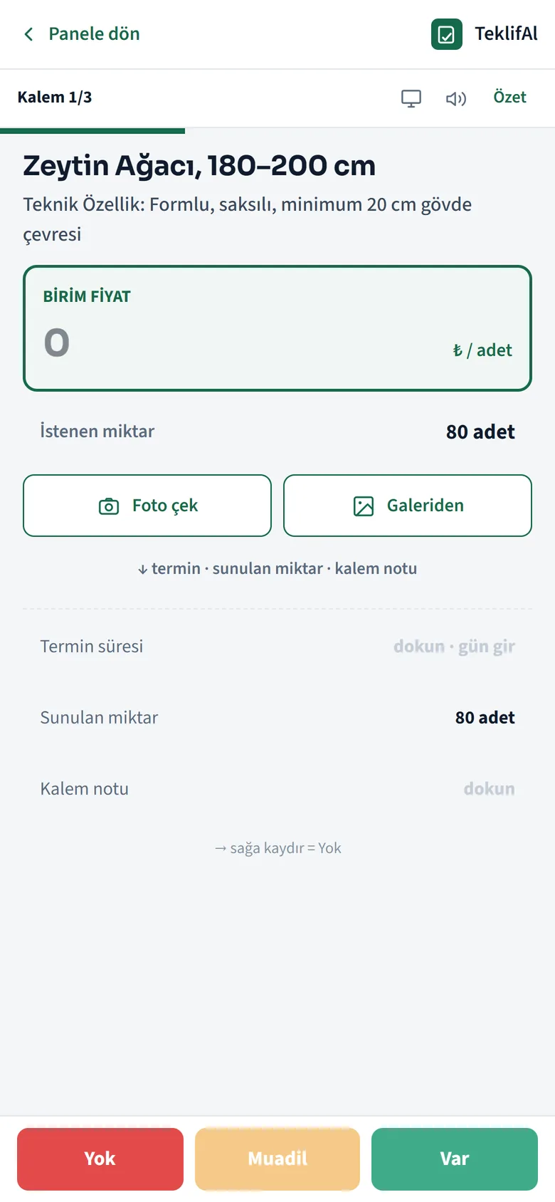 Mobil teklif ekranı